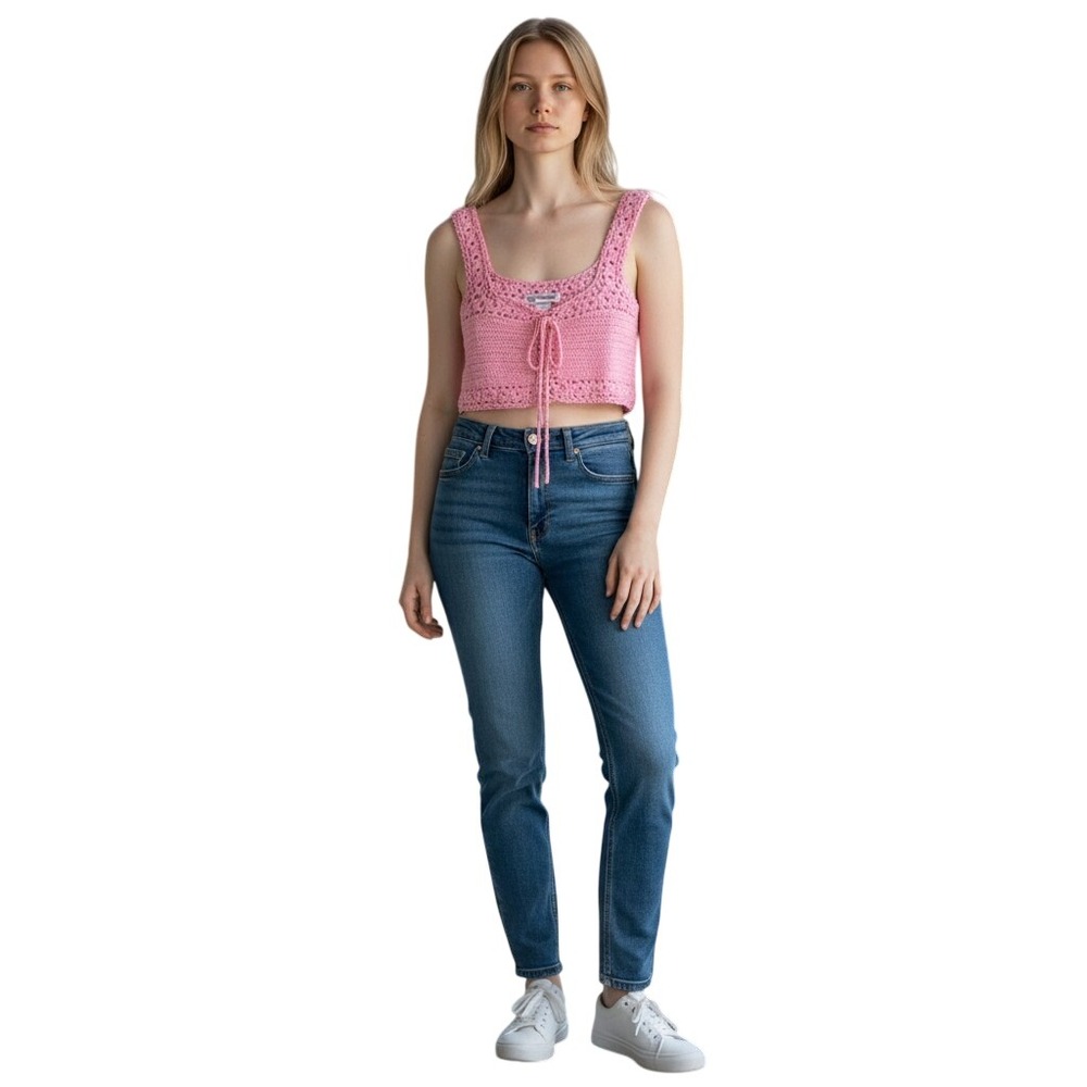Cotton World Pink Crochet Crop Top Square Neck Front Tie Knit Festival Cami